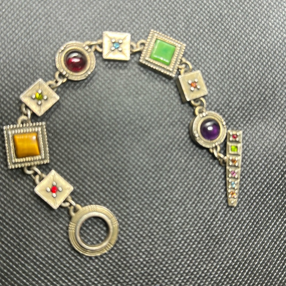 Patricia Locke Antique Gold Tone Vibrant Crystal Toggle Bracelet 7.25”
